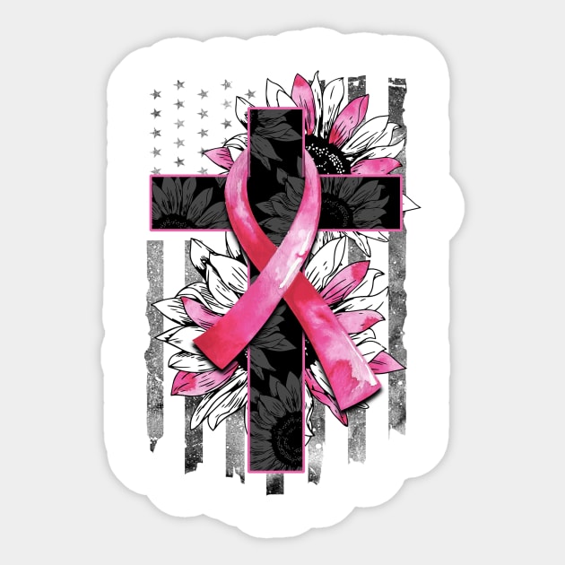 Breast Cancer ribbon with Cross & Flag Sticker by MonarchGraphics